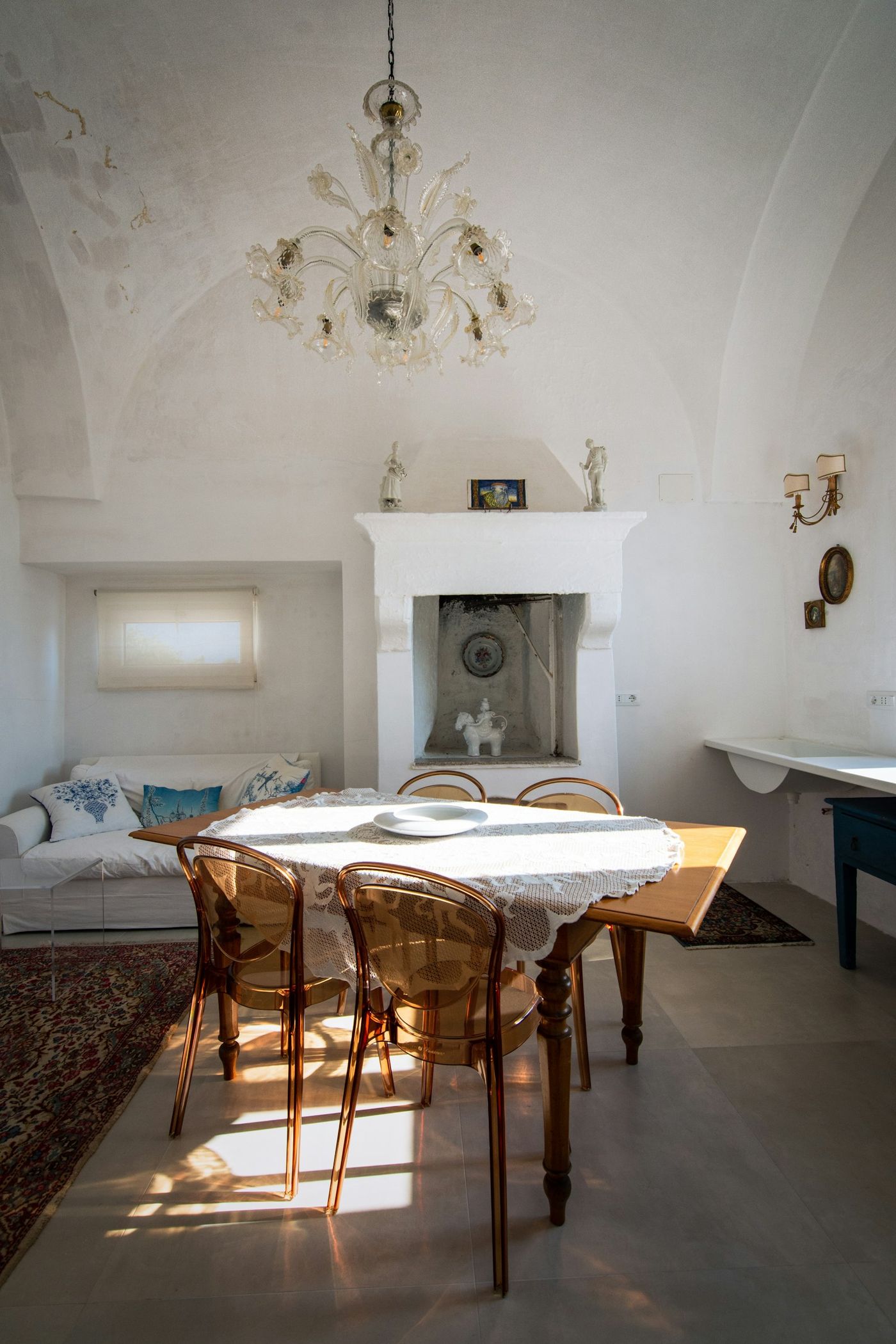 A white vaulted dining room
