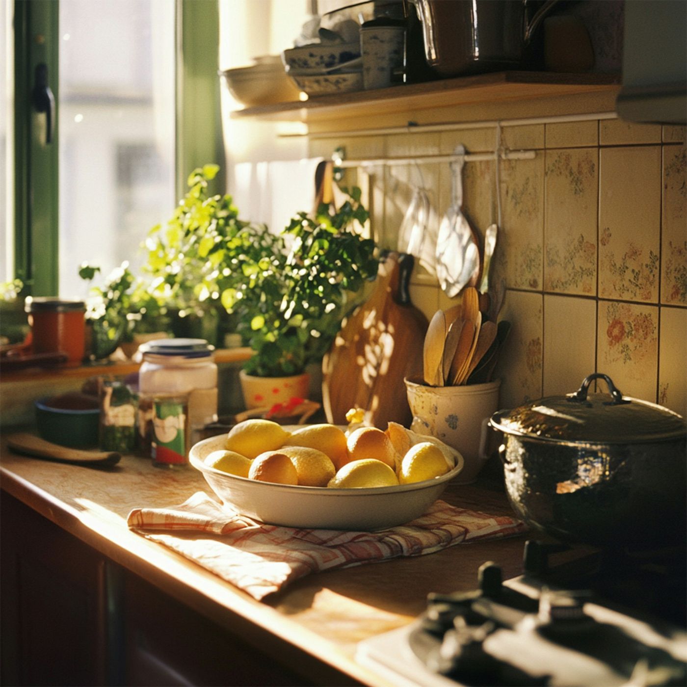 A sunlit kitchen counter with lemons and herbs