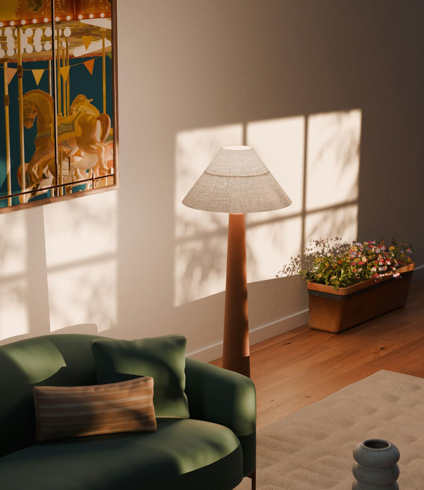 A green armchair and a floor lamp in dappled afternoon light